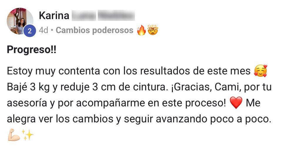 Post de Karina: progreso del mes, 3 kg y 3 cm de cintura menos