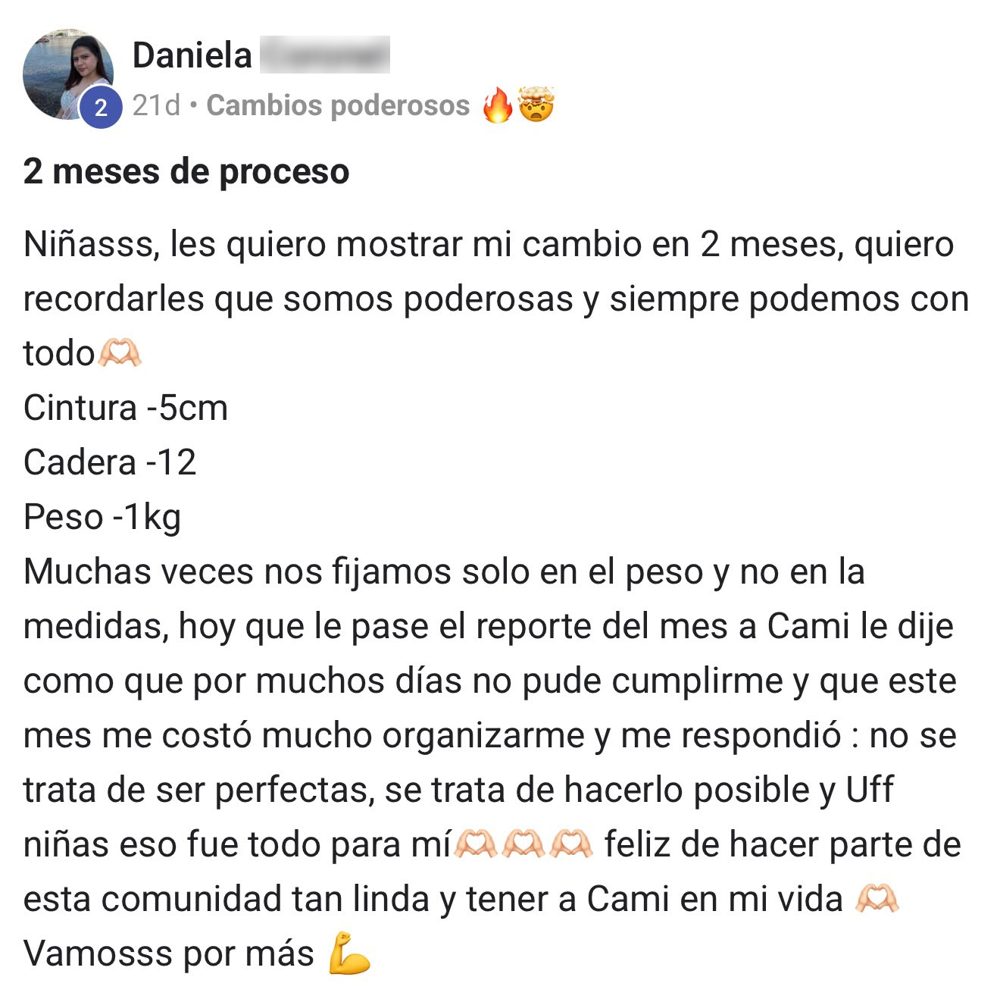 Post de Daniela: 2 meses de proceso, 5 cm de cintura y 12 cm de cadera menos