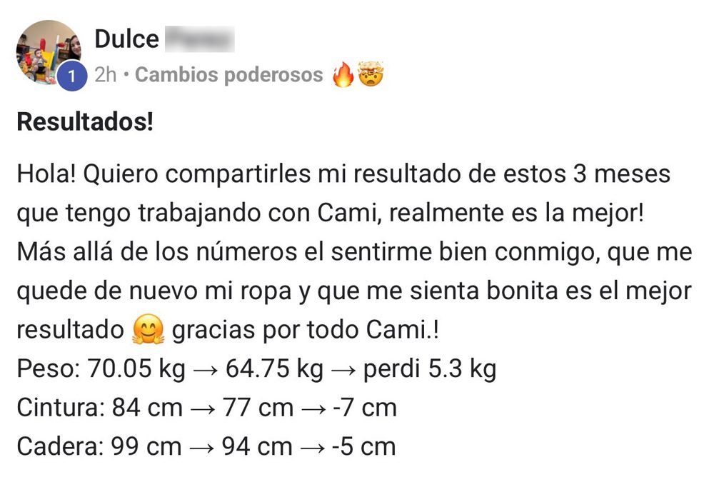 Post de Dulce en la comunidad: resultados de 3 meses con Cami, 5,3 kg y 7 cm de cintura menos