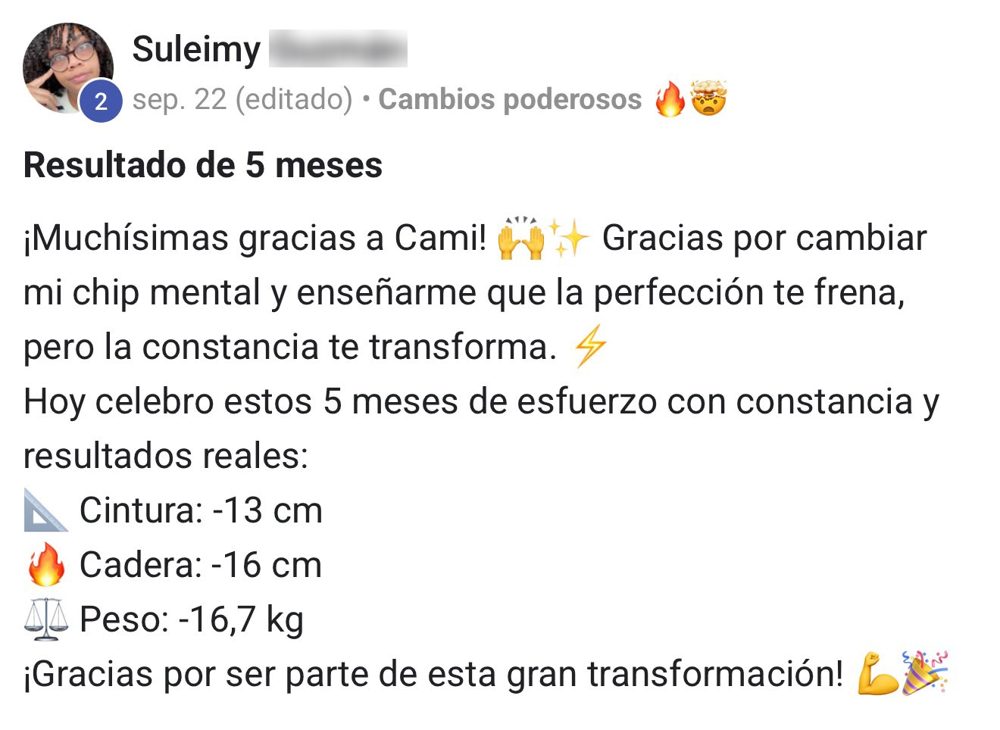 Post de Suleimy: resultado de 5 meses, 13 cm de cintura, 16 cm de cadera y 16,7 kg menos